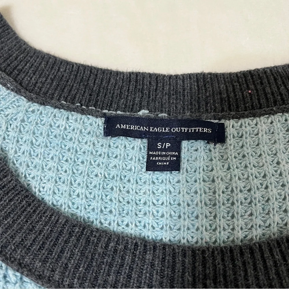 AMERICAN EAGLE Waffle Knit Raglan Pullover Sweater Blue/Gray S
